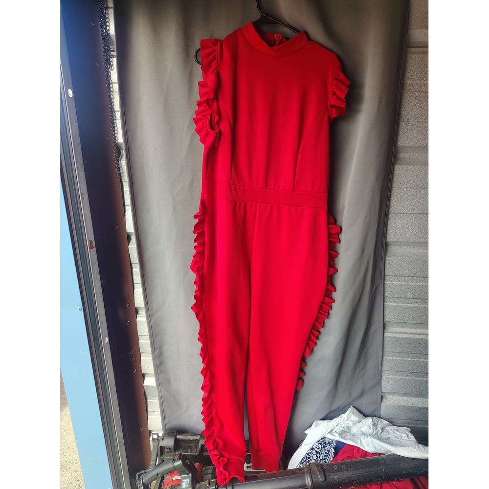 K Glam Red Ruffle Trim Mock Neck Jumpsuit Womens 2XL G2653 Party Evening Wear